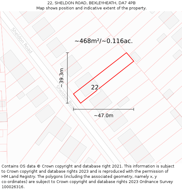 22, SHELDON ROAD, BEXLEYHEATH, DA7 4PB: Plot and title map