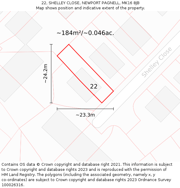 22, SHELLEY CLOSE, NEWPORT PAGNELL, MK16 8JB: Plot and title map
