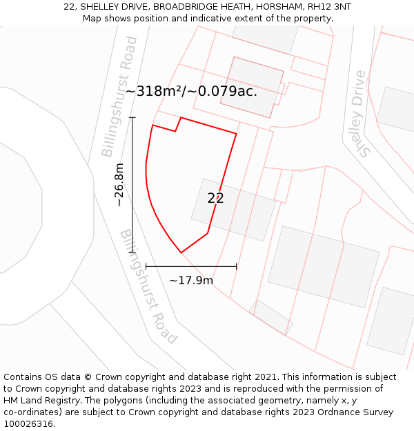 22, SHELLEY DRIVE, BROADBRIDGE HEATH, HORSHAM, RH12 3NT: Plot and title map