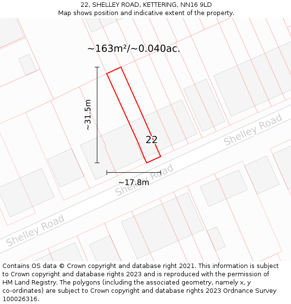 22, SHELLEY ROAD, KETTERING, NN16 9LD: Plot and title map