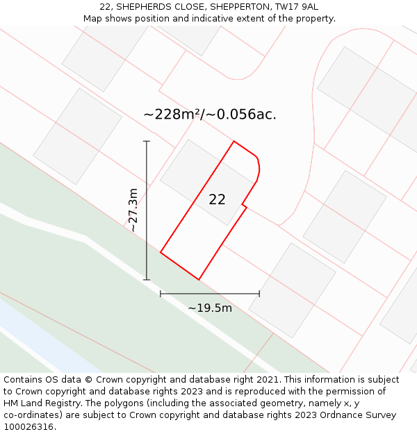 22, SHEPHERDS CLOSE, SHEPPERTON, TW17 9AL: Plot and title map