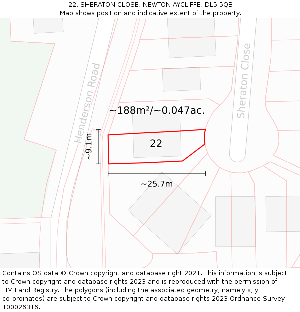 22, SHERATON CLOSE, NEWTON AYCLIFFE, DL5 5QB: Plot and title map