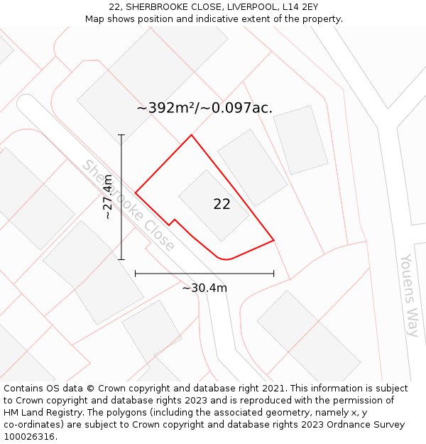 22, SHERBROOKE CLOSE, LIVERPOOL, L14 2EY: Plot and title map