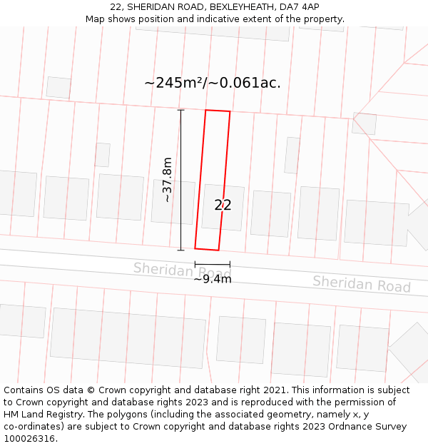 22, SHERIDAN ROAD, BEXLEYHEATH, DA7 4AP: Plot and title map