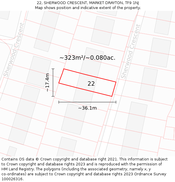 22, SHERWOOD CRESCENT, MARKET DRAYTON, TF9 1NJ: Plot and title map