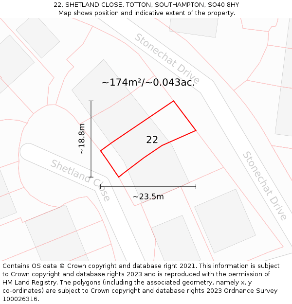 22, SHETLAND CLOSE, TOTTON, SOUTHAMPTON, SO40 8HY: Plot and title map