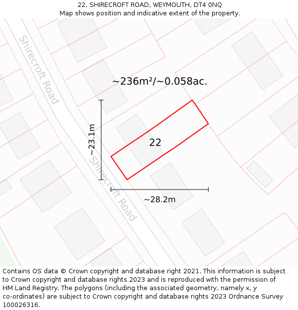 22, SHIRECROFT ROAD, WEYMOUTH, DT4 0NQ: Plot and title map