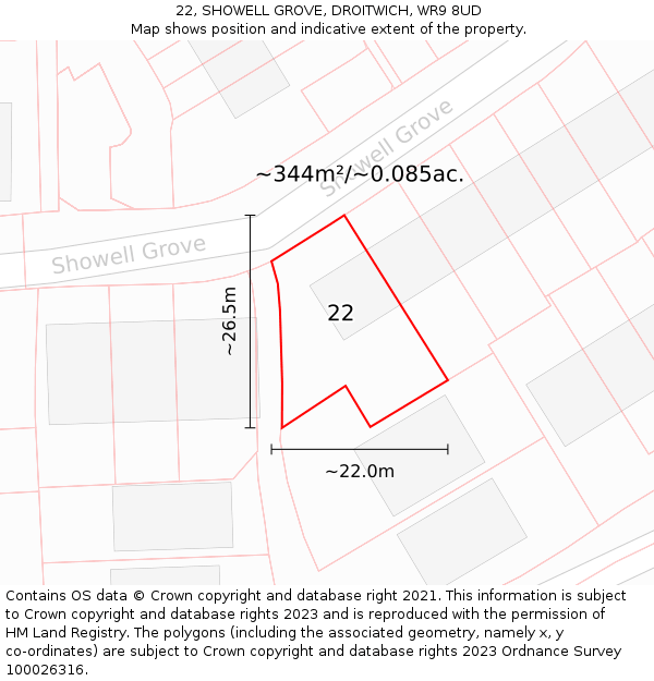 22, SHOWELL GROVE, DROITWICH, WR9 8UD: Plot and title map