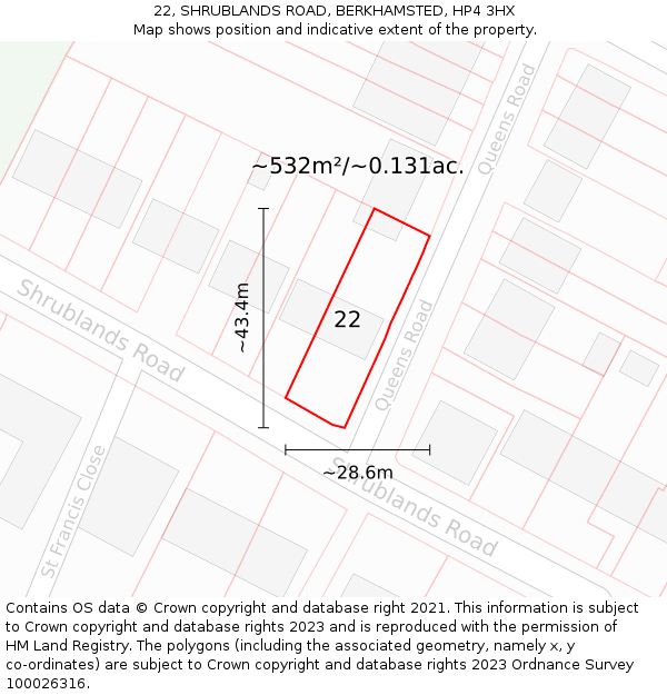 22, SHRUBLANDS ROAD, BERKHAMSTED, HP4 3HX: Plot and title map