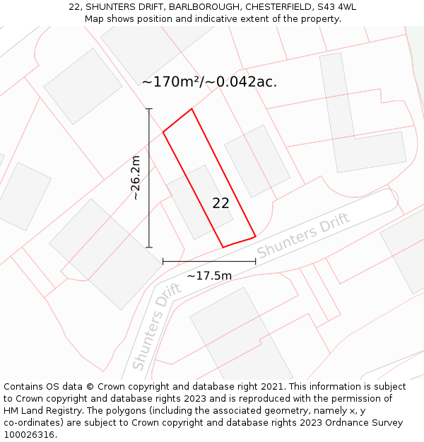 22, SHUNTERS DRIFT, BARLBOROUGH, CHESTERFIELD, S43 4WL: Plot and title map