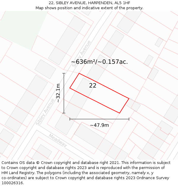 22, SIBLEY AVENUE, HARPENDEN, AL5 1HF: Plot and title map