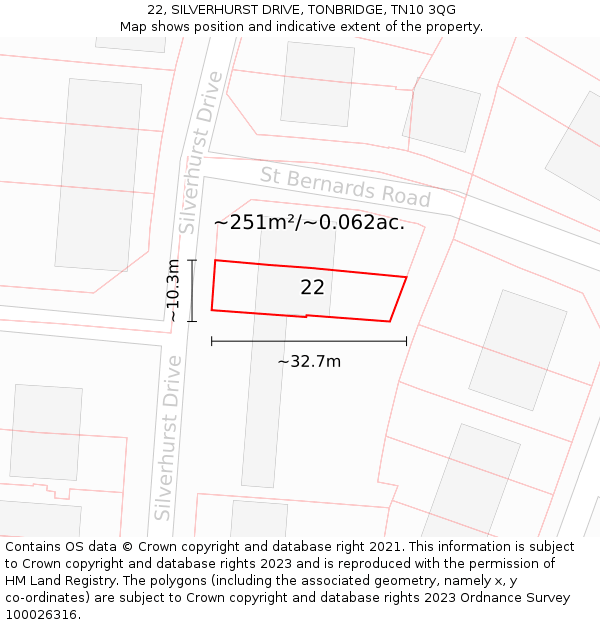 22, SILVERHURST DRIVE, TONBRIDGE, TN10 3QG: Plot and title map