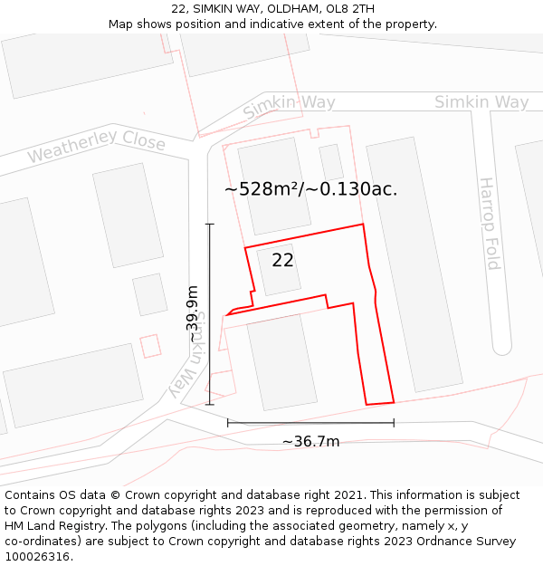 22, SIMKIN WAY, OLDHAM, OL8 2TH: Plot and title map