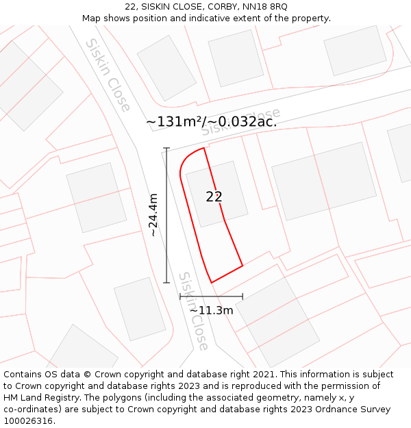 22, SISKIN CLOSE, CORBY, NN18 8RQ: Plot and title map