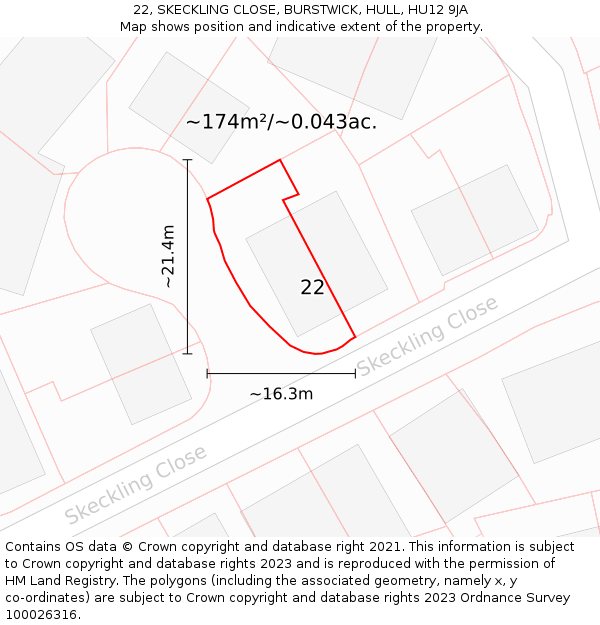 22, SKECKLING CLOSE, BURSTWICK, HULL, HU12 9JA: Plot and title map