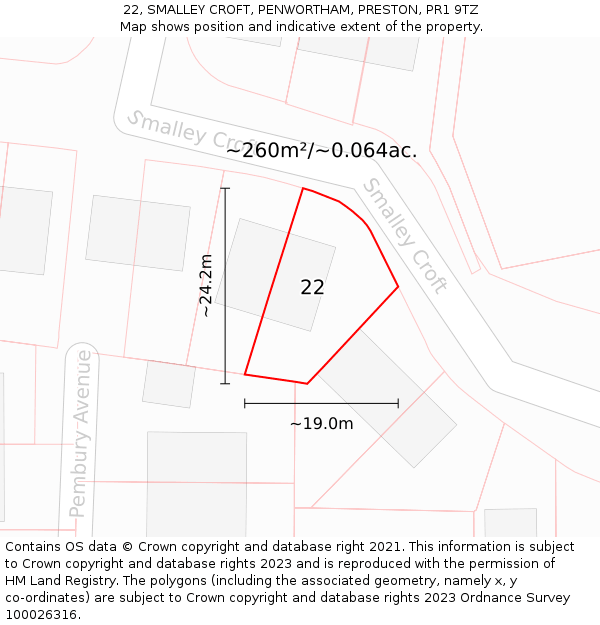 22, SMALLEY CROFT, PENWORTHAM, PRESTON, PR1 9TZ: Plot and title map