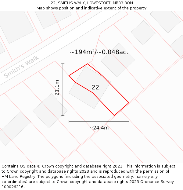 22, SMITHS WALK, LOWESTOFT, NR33 8QN: Plot and title map