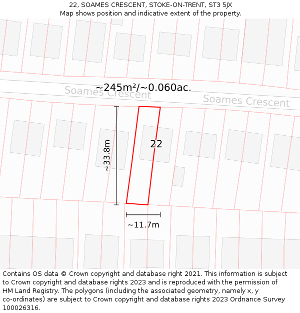 22, SOAMES CRESCENT, STOKE-ON-TRENT, ST3 5JX: Plot and title map