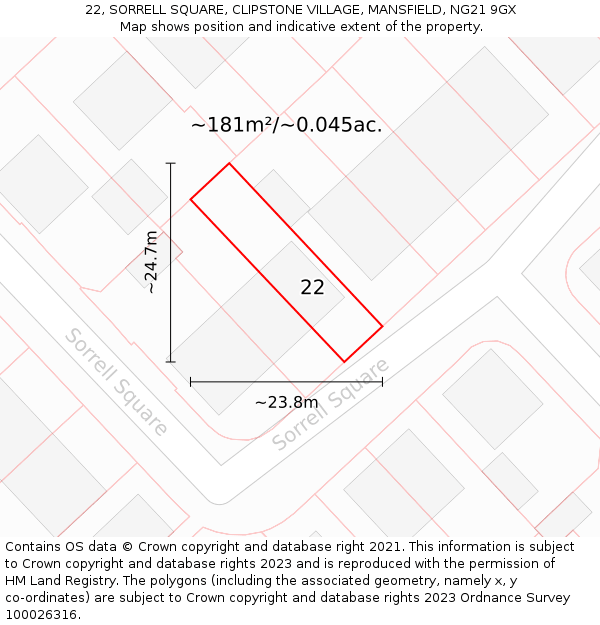 22, SORRELL SQUARE, CLIPSTONE VILLAGE, MANSFIELD, NG21 9GX: Plot and title map