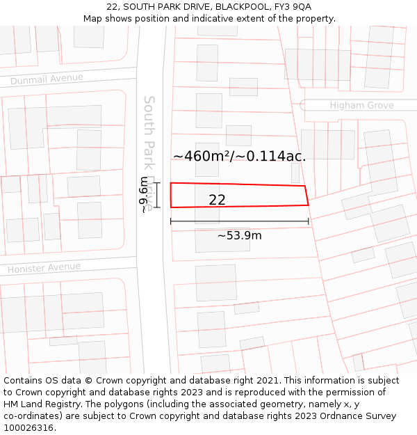 22, SOUTH PARK DRIVE, BLACKPOOL, FY3 9QA: Plot and title map