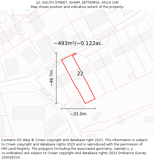 22, SOUTH STREET, ISHAM, KETTERING, NN14 1HP: Plot and title map