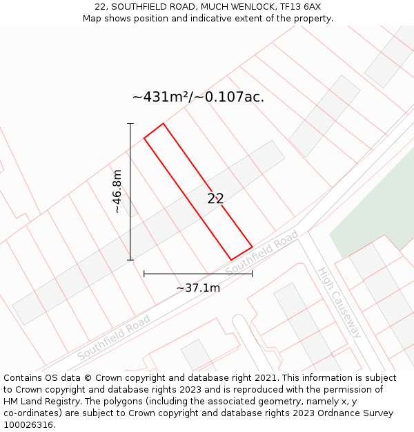 22, SOUTHFIELD ROAD, MUCH WENLOCK, TF13 6AX: Plot and title map