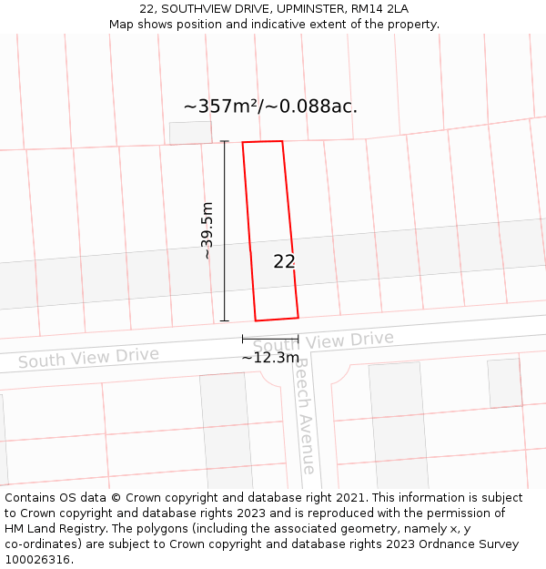 22, SOUTHVIEW DRIVE, UPMINSTER, RM14 2LA: Plot and title map