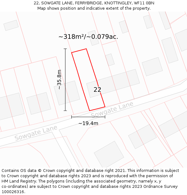 22, SOWGATE LANE, FERRYBRIDGE, KNOTTINGLEY, WF11 0BN: Plot and title map