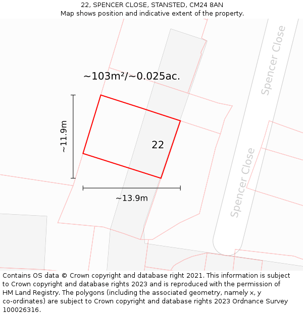 22, SPENCER CLOSE, STANSTED, CM24 8AN: Plot and title map