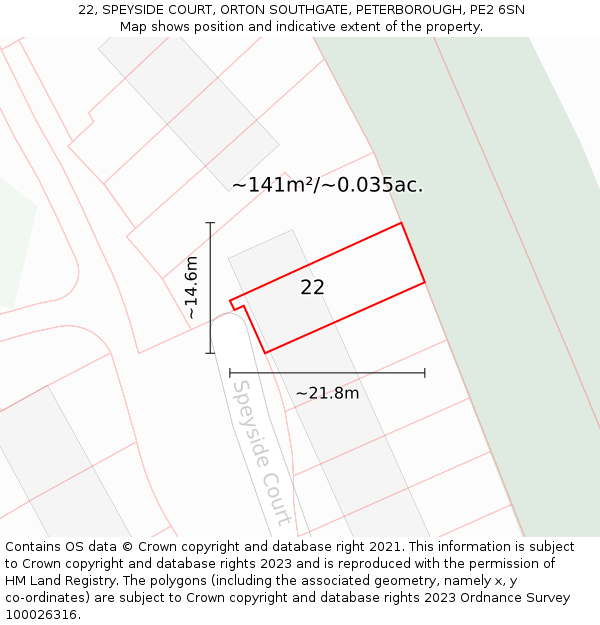 22, SPEYSIDE COURT, ORTON SOUTHGATE, PETERBOROUGH, PE2 6SN: Plot and title map