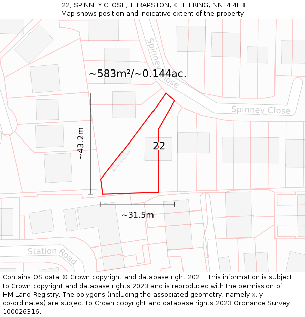 22, SPINNEY CLOSE, THRAPSTON, KETTERING, NN14 4LB: Plot and title map