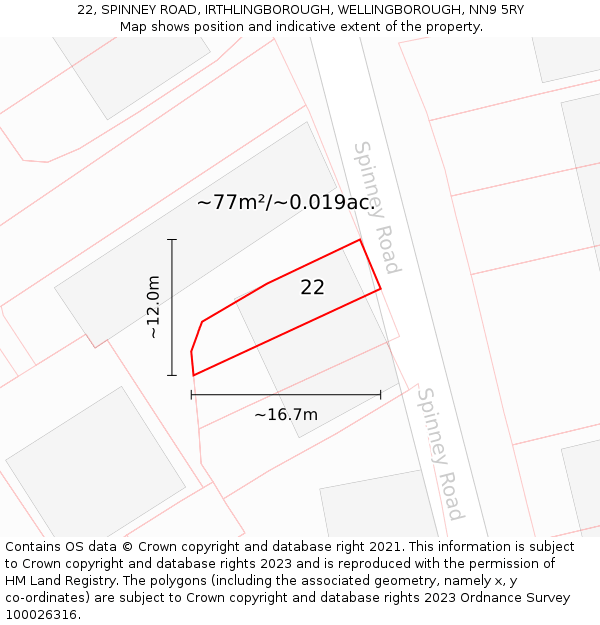 22, SPINNEY ROAD, IRTHLINGBOROUGH, WELLINGBOROUGH, NN9 5RY: Plot and title map