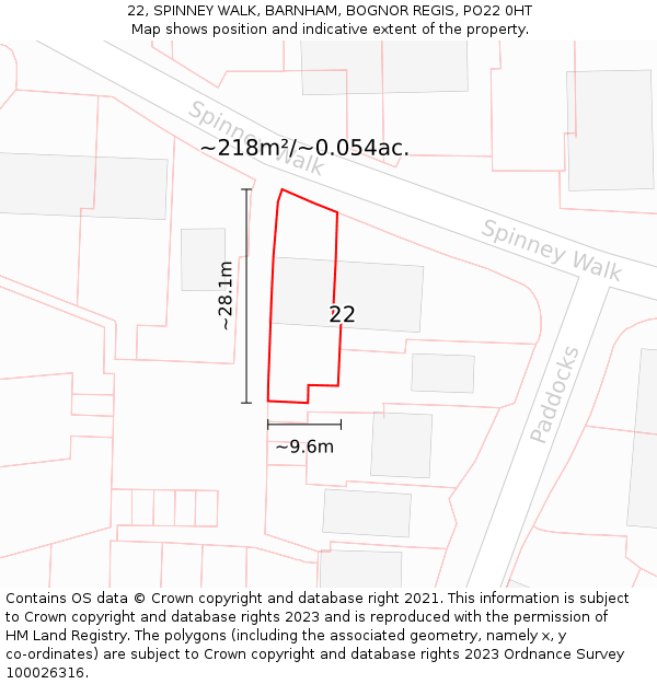 22, SPINNEY WALK, BARNHAM, BOGNOR REGIS, PO22 0HT: Plot and title map