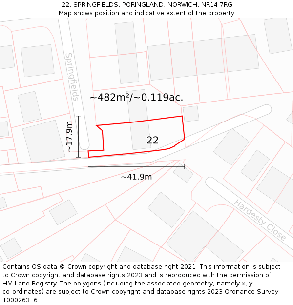 22, SPRINGFIELDS, PORINGLAND, NORWICH, NR14 7RG: Plot and title map