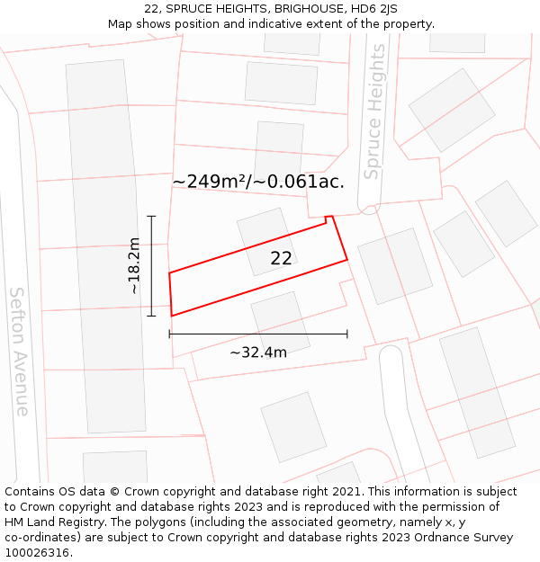 22, SPRUCE HEIGHTS, BRIGHOUSE, HD6 2JS: Plot and title map