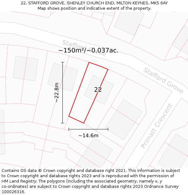 22, STAFFORD GROVE, SHENLEY CHURCH END, MILTON KEYNES, MK5 6AY: Plot and title map