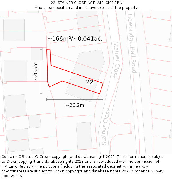 22, STAINER CLOSE, WITHAM, CM8 1RU: Plot and title map