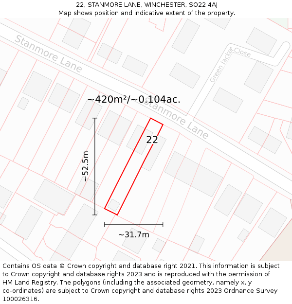 22, STANMORE LANE, WINCHESTER, SO22 4AJ: Plot and title map