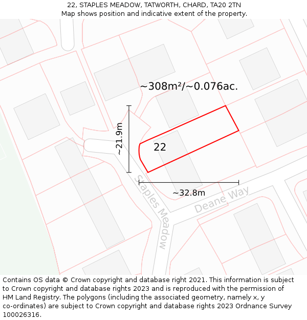 22, STAPLES MEADOW, TATWORTH, CHARD, TA20 2TN: Plot and title map