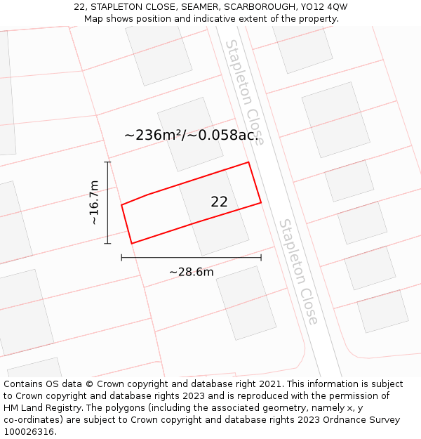 22, STAPLETON CLOSE, SEAMER, SCARBOROUGH, YO12 4QW: Plot and title map