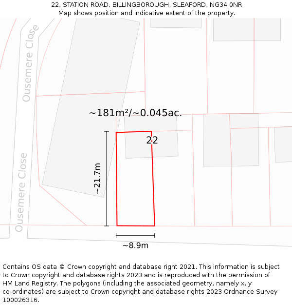 22, STATION ROAD, BILLINGBOROUGH, SLEAFORD, NG34 0NR: Plot and title map