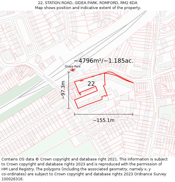 22, STATION ROAD, GIDEA PARK, ROMFORD, RM2 6DA: Plot and title map