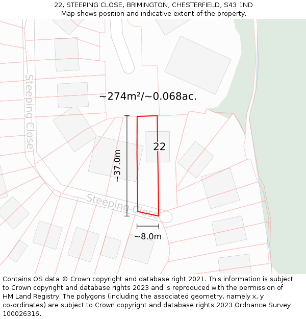 22, STEEPING CLOSE, BRIMINGTON, CHESTERFIELD, S43 1ND: Plot and title map