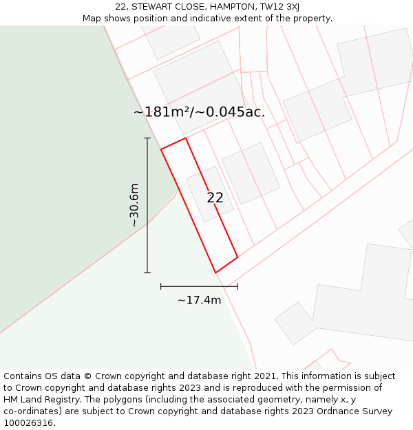 22, STEWART CLOSE, HAMPTON, TW12 3XJ: Plot and title map