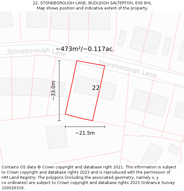 22, STONEBOROUGH LANE, BUDLEIGH SALTERTON, EX9 6HL: Plot and title map