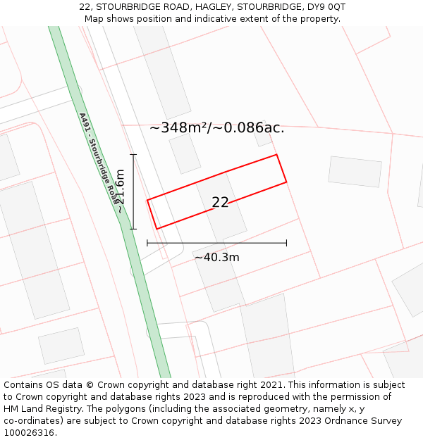 22, STOURBRIDGE ROAD, HAGLEY, STOURBRIDGE, DY9 0QT: Plot and title map