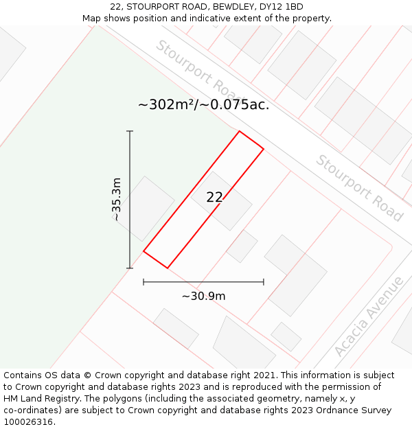 22, STOURPORT ROAD, BEWDLEY, DY12 1BD: Plot and title map