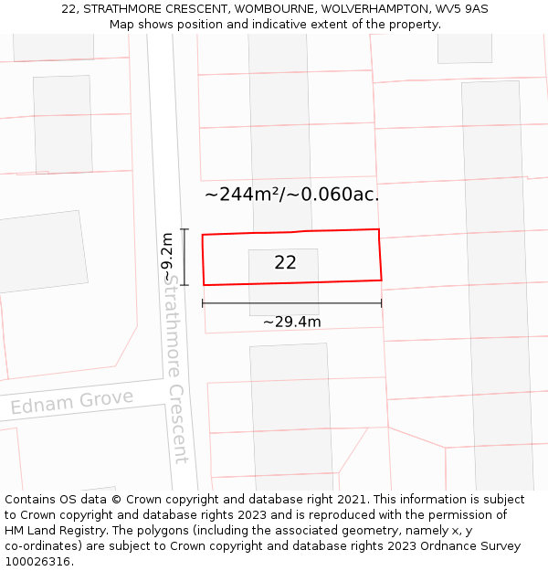 22, STRATHMORE CRESCENT, WOMBOURNE, WOLVERHAMPTON, WV5 9AS: Plot and title map