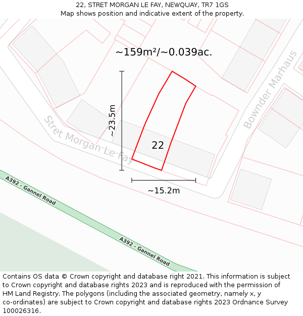 22, STRET MORGAN LE FAY, NEWQUAY, TR7 1GS: Plot and title map