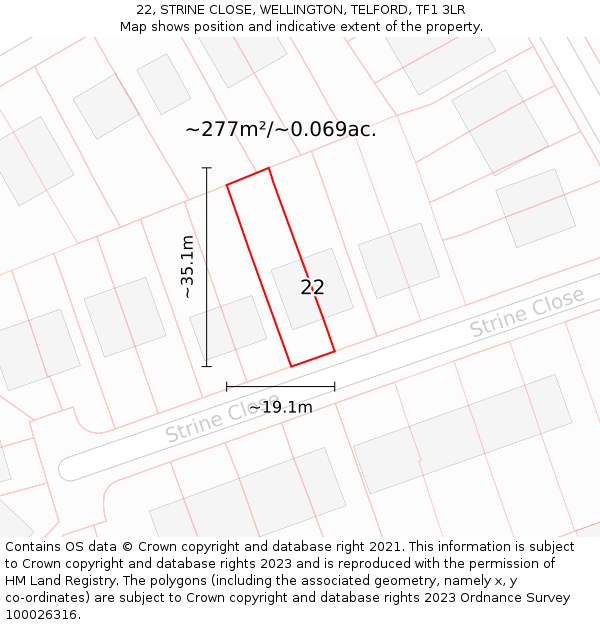 22, STRINE CLOSE, WELLINGTON, TELFORD, TF1 3LR: Plot and title map